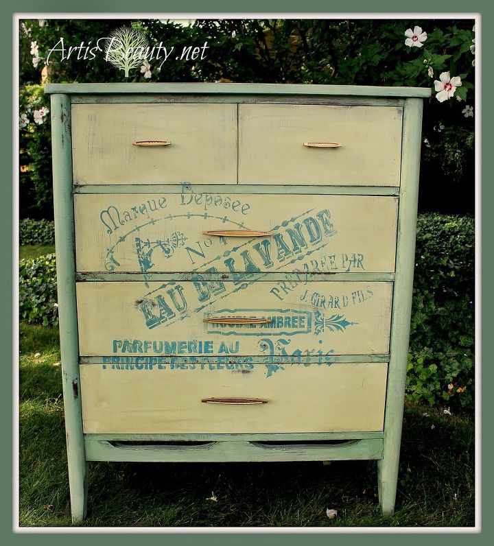 free dresser turned ooh la la french beauty, painted furniture, The finished French Parfum Dresser from Boring to VA VA VOOM