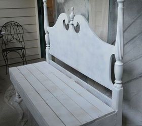 we made a bench from a headboard that was discarded, diy, painted furniture, repurposing upcycling, woodworking projects, This only has a coat of Kilz on it but will be painted white