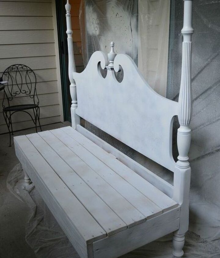 we made a bench from a headboard that was discarded, diy, painted furniture, repurposing upcycling, woodworking projects, This only has a coat of Kilz on it but will be painted white