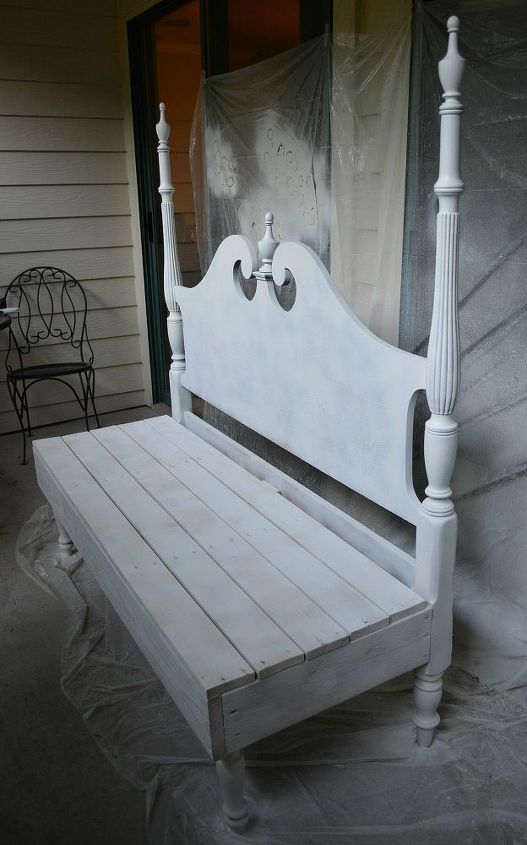 we made a bench from a headboard that was discarded, This only has a coat of Kilz on it but will be painted white