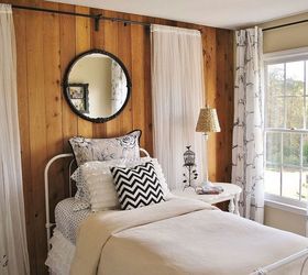 girls budget bedroom makeover, bedroom ideas, home decor, Working around existing wood paneled wall I softened the look for a young girl with inexpensive sheer panels