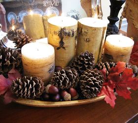 using my grandmother s dough bowl in fall decor, seasonal holiday d cor, thanksgiving decorations, This year it has a Pottery Barn inspired look filled with pine cones birch candles acorns and fall leaves