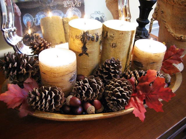 usando a tigela de massa da minha av na decorao de outono, Este ano tem um visual inspirado no Pottery Barn cheio de pinhas velas de b tula bolotas e folhas de outono