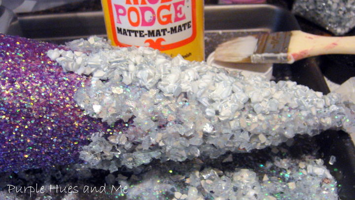 iced glittered trees diy, crafts, decoupage, seasonal holiday decor, Mix crushed mirrors glitter and mod podge and add to top of cone laying sideways applying one area at a time and allowing to dry before moving on to the next area