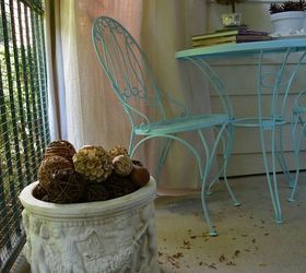 my new shabby chic porch from some discarded items, curb appeal, home decor, painted furniture, shabby chic, We painted our black bistro table and chairs turquoise