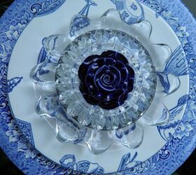finally started making my plate flowers and glass towers what fun, Close up shows the center rose in a beautiful dark blue Hoping I can find more of these