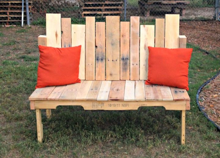upcycled pallet wood bench, diy, painted furniture, pallet, repurposing upcycling, woodworking projects, Sand trim and nail the slats into the frame seat first then back Polyurethane Seal if desired Voila