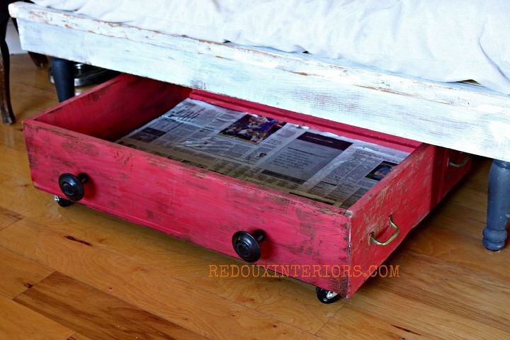 diy shoe storage from old drawer, I painted the exteriors with CeCe Caldwells paint Lined the inside with newspapers and used several coats of Mod Podge to seal them I can easily wipe the bottom of the drawer and the newspapers were free