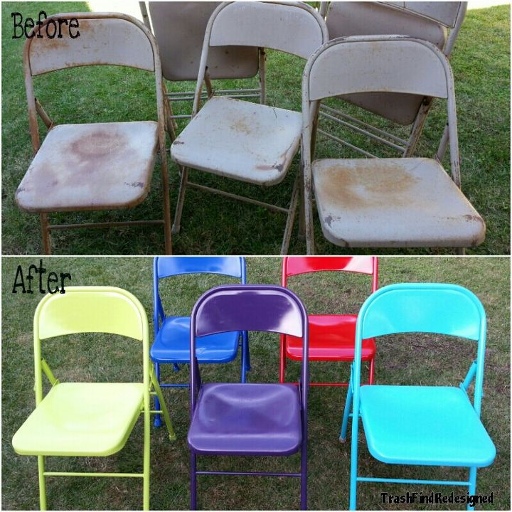 cadeiras de metal vintage recicladas e revividas, Um pouco de lixamento e pulveriza o deu um brilho a essas cadeiras dobr veis de metal vintage