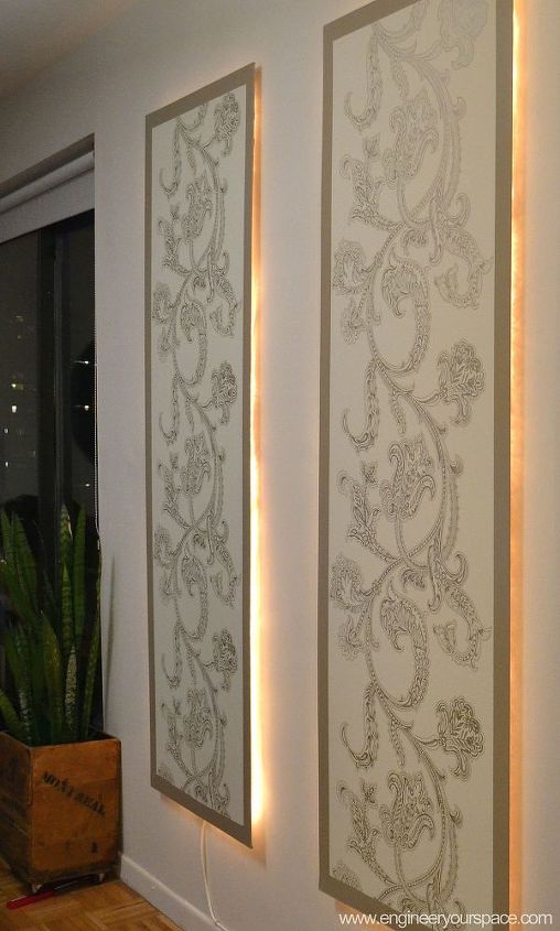 diy lighted wall panel, dining room ideas, home decor, lighting, wall decor, I built the panels using inexpensive materials like hardboard panel and furring strips I opted to decorate my panels by painting a border and adding some remnants of wallpaper I had on hand More details here