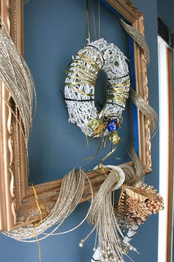 how to frame a wreath for the holidays, christmas decorations, crafts, seasonal holiday decor, wreaths, Framed Gold and White Wreath for the Holidays