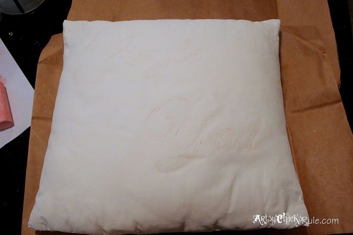 jingle y all thrifty pillow makeover w chalk paint, chalk paint, crafts, painting, seasonal holiday decor, Graphics transferred to the pillow for painting