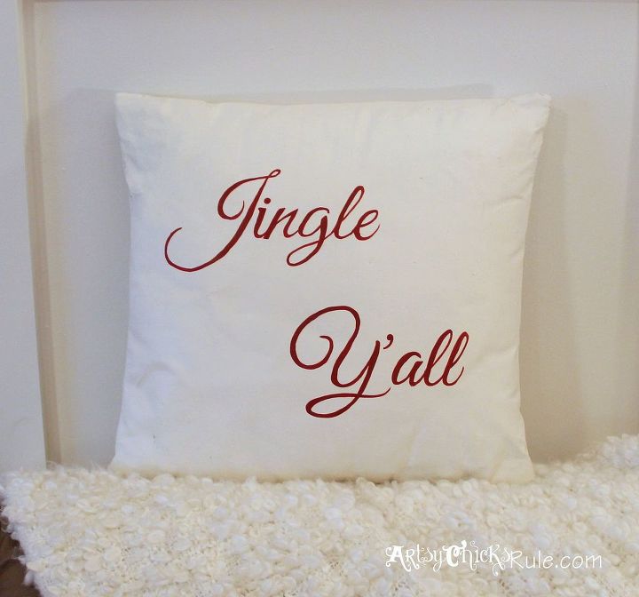 jingle y all thrifty pillow makeover w chalk paint, chalk paint, crafts, painting, seasonal holiday decor, Old thrift store pillow makeover with Chalk Paint and some fun graphics