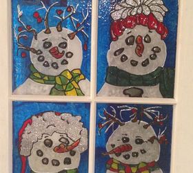 snowman christmas stain glass window, christmas decorations, painting, seasonal holiday decor, Upcycle an old window into a piece of Stain Glass Art
