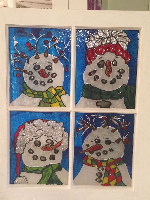 snowman christmas stain glass window, christmas decorations, painting, seasonal holiday decor, Upcycle an old window into a piece of Stain Glass Art