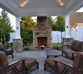 can a lovely backyard retreat be budget friendly, curb appeal, fireplaces mantels, landscape, outdoor furniture, outdoor living, Deep seating Homecrest furniture pavilion and cultured stone gas fireplace
