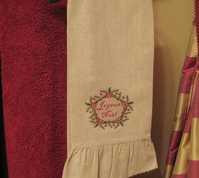 my french country guest bath, bathroom ideas, home decor, A pair of tea towels embellished with Christmas y embroidery look iron on transfers add to the d cor Link for the transfer here