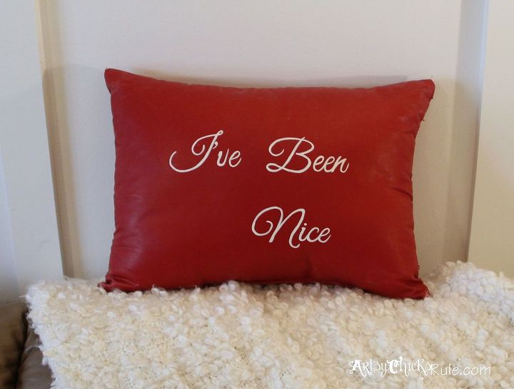 holiday pillow 2 makeover w chalk paint, chalk paint, crafts, painting, seasonal holiday decor, One side says I ve Been Naughty
