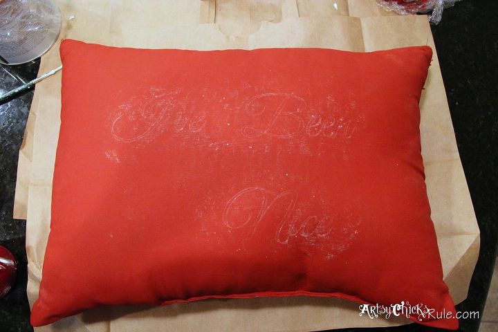 holiday pillow 2 makeover w chalk paint, chalk paint, crafts, painting, seasonal holiday decor, Painted and fully dried I transferred the graphics to the pillow how to on the blog