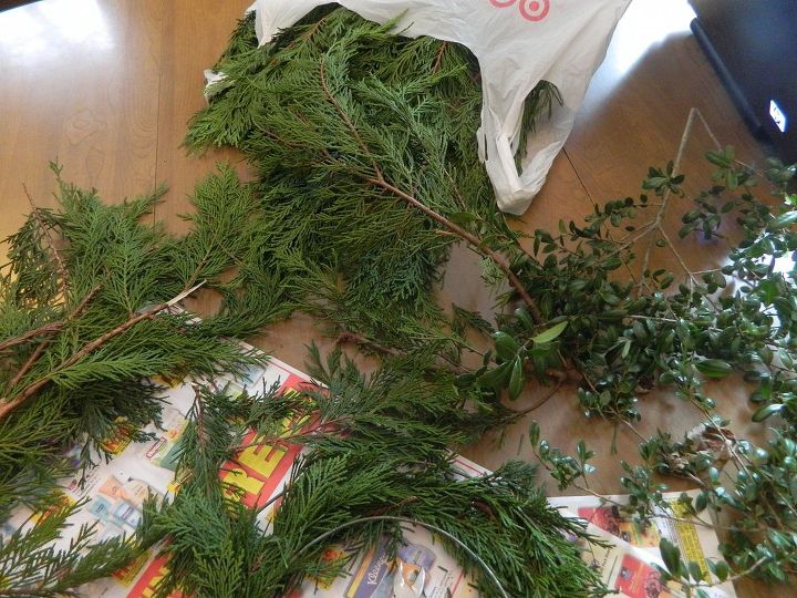 christmas wreath candle ring, christmas decorations, crafts, seasonal holiday decor, wreaths, First I gathered different types of greenery from around my yard and the woods