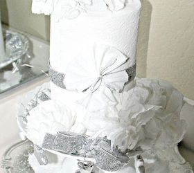 decorating your bathroom for christmas with tp, bathroom ideas, crafts, diy, how to, seasonal holiday decor, Tp placed on silver tray with Epson salt as snow Cake plate decorated wit silver ribbon and Tp flowers sprayed with glitter silver spray paint