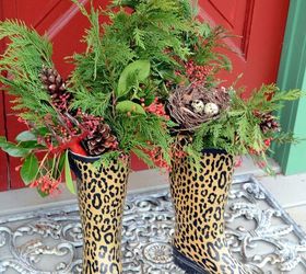 potting shed christmas nesting feathering, christmas decorations, decks, gardening, seasonal holiday decor, wreaths, Wellies decorated with greenery pine cones bird nest and red trowel