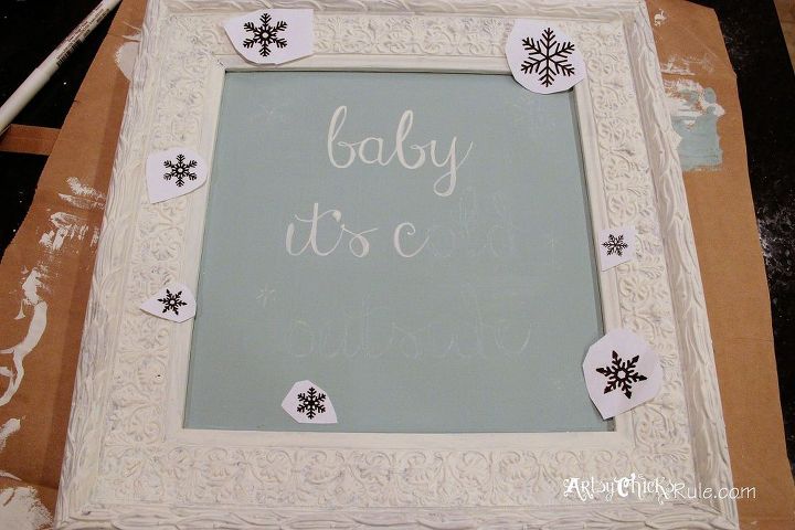 baby it s cold outside thrift store mirror turned holiday art, chalkboard paint, crafts, repurposing upcycling, Transferred the lettering with the chalk transfer method Painting it in with Chalk Paint