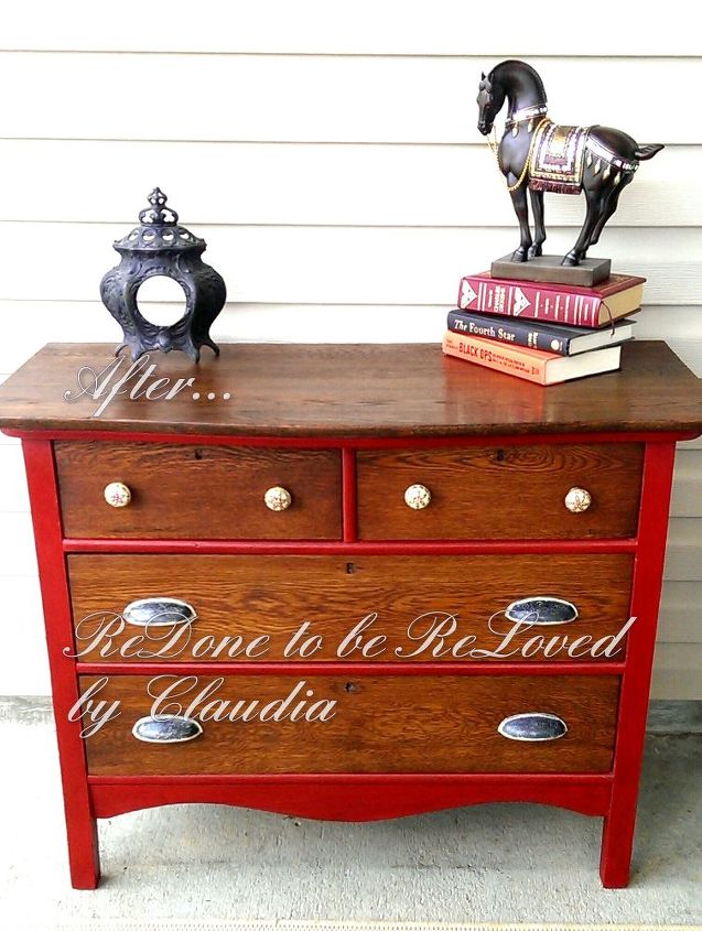 ruby red antique oak dresser, painted furniture, Ta dah