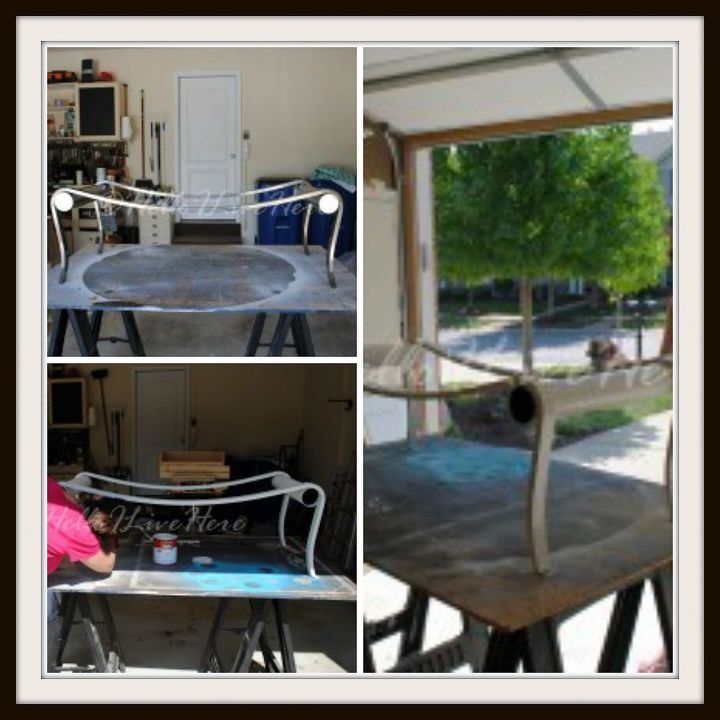3 garage sale table frame goes bench, diy, painted furniture, repurposing upcycling, Scratching up the frame and getting ready to paint We hand brushed the metal frame because she wanted that wood grain feel to the seat