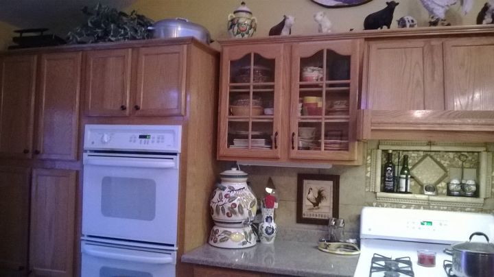 q kitchen cabinet suggestions please help i m torn, home improvement, kitchen backsplash, kitchen cabinets, kitchen design, Double oven range dishwasher microwave and fridge are all white Oak with black hardware is lacking