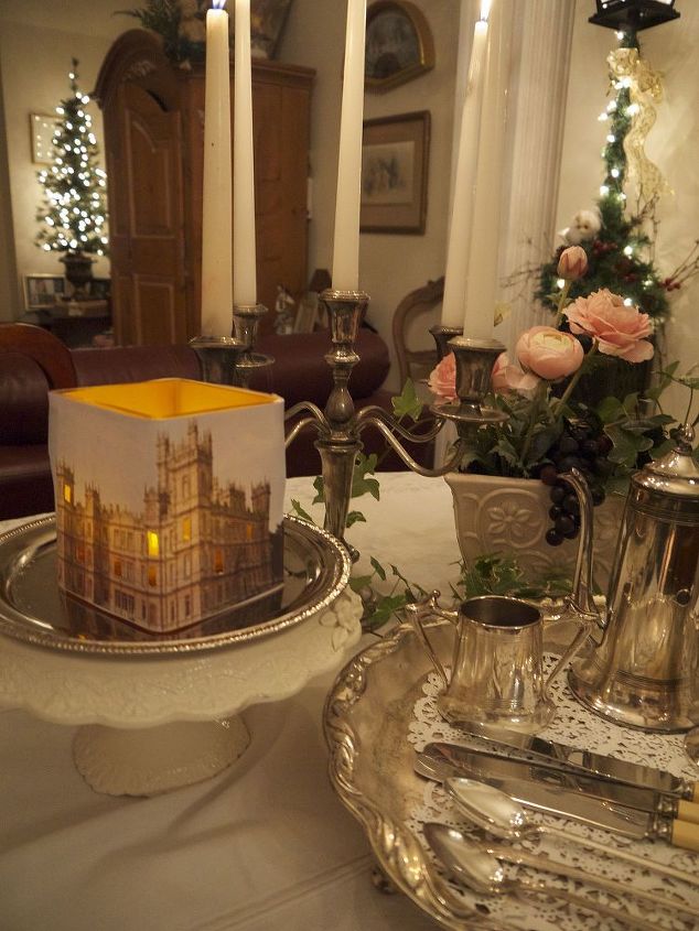 downton abbey viewing party decor, home decor, An easy DIY Downton lantern and mismatched silver create a surprisingly elegant tea table on a shoestring budget