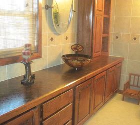 bathroom remodel, bathroom, remodeling, Stained cherry cabinets laminate counter and vessel sinks