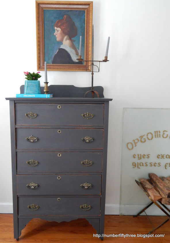 charcoal gray and brass antique dresser, painted furniture