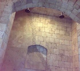 travertine shower by my hubby and i, bathroom ideas, tiling, Shower head for two