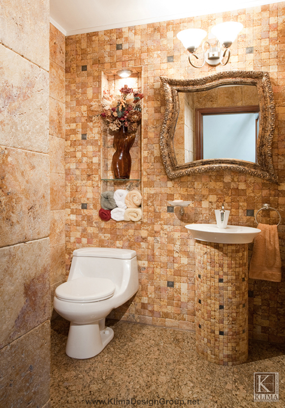 modern powder room, bathroom ideas, home decor, Warm earth tones with varied texture in combination with small tiles design feel more sophisticated and rather unexpected A funky mirror and alcove add interest