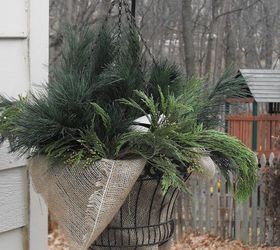 garden containers, christmas decorations, container gardening, gardening, seasonal holiday decor, Hanging winter basket for left over greenery