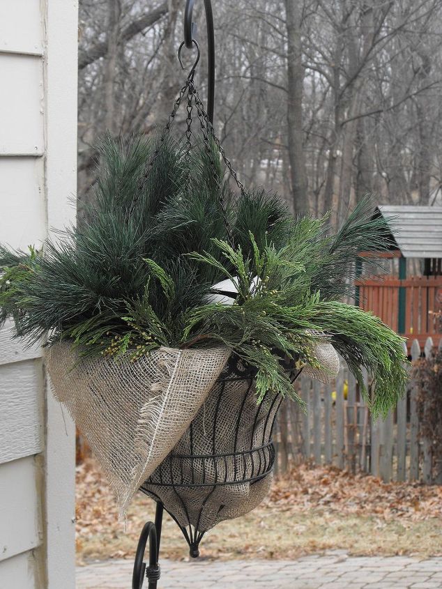 garden containers, christmas decorations, container gardening, gardening, seasonal holiday decor, Hanging winter basket for left over greenery