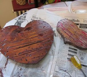transforming country thrift shop hearts to faux reclaimed wood hearts, crafts, repurposing upcycling, seasonal holiday decor, Then added a couple coats of matte poly