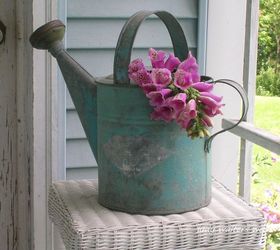 my potting shed my favorite place to be in the summer, container gardening, flowers, gardening, home decor, outdoor living, One of my favorite old watering cans with foxglove spilling out of it displayed on the potting shed porch