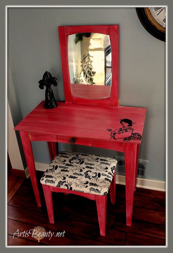 outdated vanity turned asian inspired beauty, home decor, painted furniture, Finished Asian Inspired Vanity Makeover Come see how I took this OUTDATED vanity and Gave it an ASIAN inspired Makeover Using CeCe Caldwells Pink Lady slipper and some Goodwill Fabric I was able to transform this old outdated vanity into a pretty pink lady hometalktuesday diy paintedfurniture artisbeauty painting homedecor bedroom bedroomdecor bloggerstyle asianstyle
