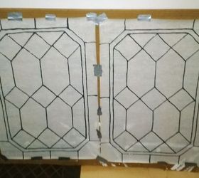 leaded glass look on a budget, painting, repurposing upcycling, windows, This is two after the lead is applied and before the color I use the squares on the back to make everything even