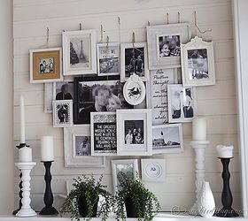 layered photo frames mantel a different kind of gallery wall, fireplaces mantels, home decor, wall decor, I have layered black and whites photos in a heart shape