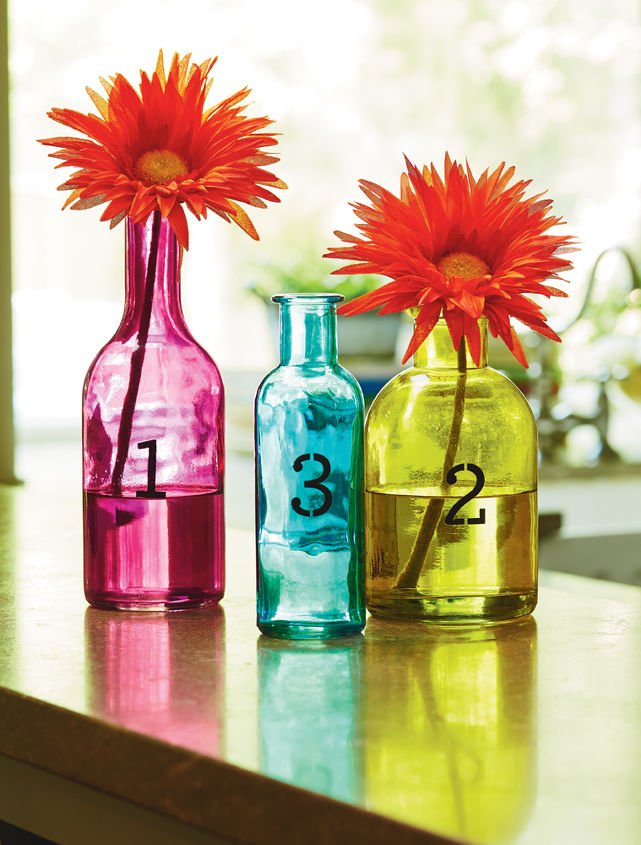 stenciled colored bottle vase set, crafts, home decor, painting, Stenciled Colored Bottle Vases materials list