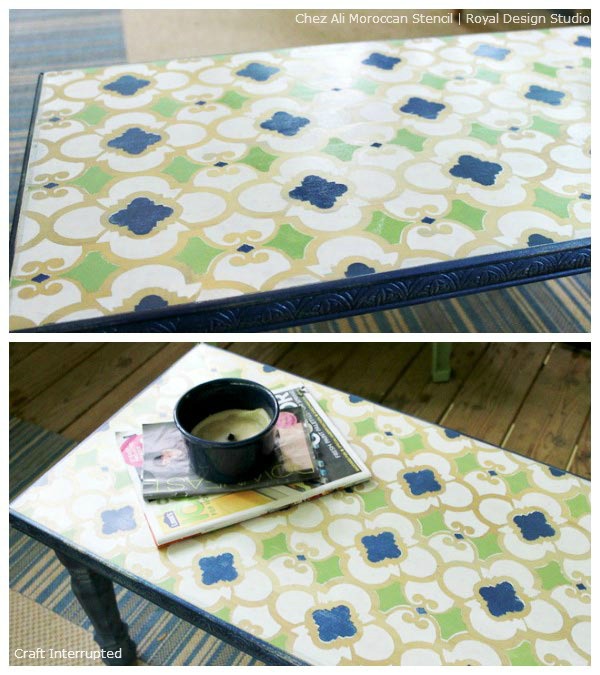 inspiring before after stenciled furniture projects, chalk paint, painted furniture, Chez Ali Moroccan Stencil pattern on a coffee table