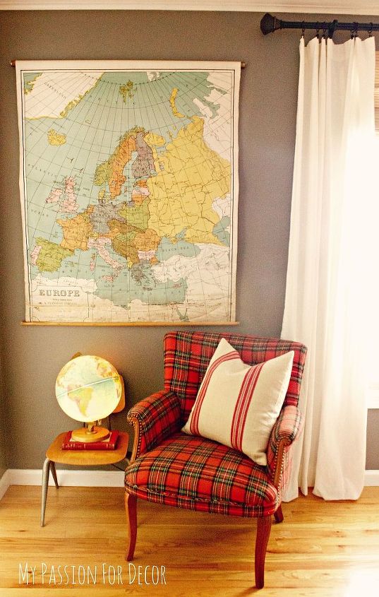 my passion for decor s family room tour, home decor, living room ideas, painted furniture, repurposing upcycling, Another one of my prized possessions my linen pull down map of Europe and my light up globe
