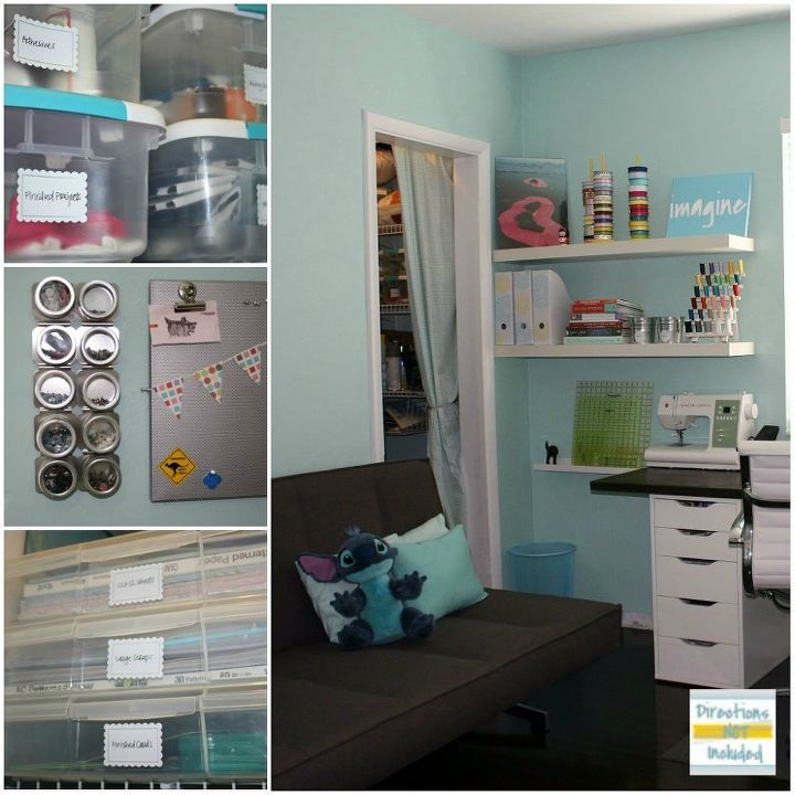 craft room simple spacious and all diy on the cheap, craft rooms, home decor, shelving ideas, storage ideas, Everything has its place Floating shelves and an open closet add more space