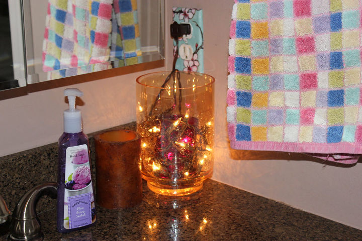 glass jar lighting, bathroom ideas, crafts, home decor, lighting, The final results What a warm and beautiful glow this provides