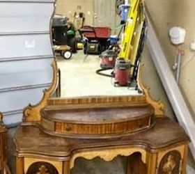 refinished antique vanity in teal, painted furniture, Before The top pieces were mahogany but the top tier had a big spot where someone had previously sanded through the veneer so I painted that part and stained the edge pieces and the bottom tier