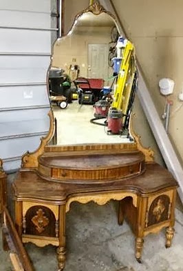 refinished antique vanity in teal, painted furniture, Before The top pieces were mahogany but the top tier had a big spot where someone had previously sanded through the veneer so I painted that part and stained the edge pieces and the bottom tier