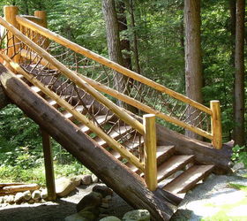 set of custom log stairs 30 degree turn to hit the grade, decks, outdoor living, Custom Log work in Hague NY